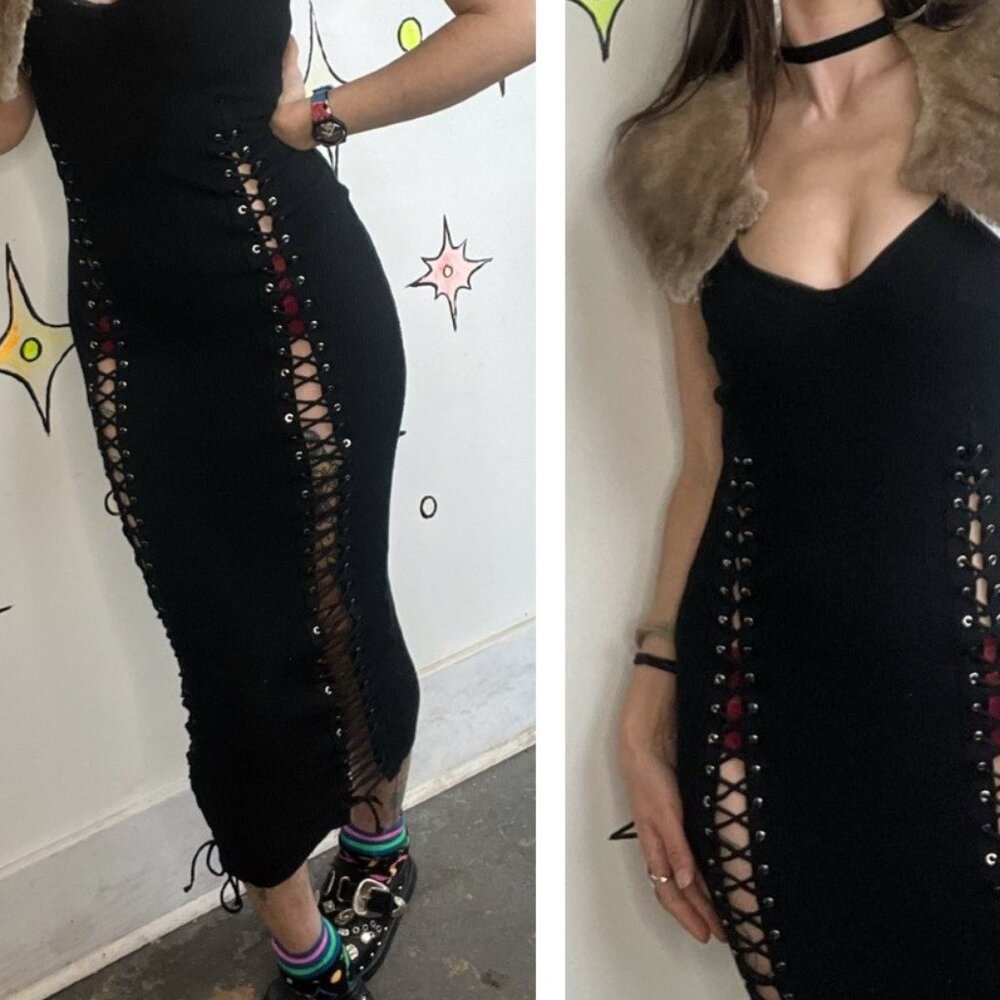 Y2K Black Bodycon Ribbed Lace Cat Woman Maxi Moto Biker Cyber Fairy Club Dress~M